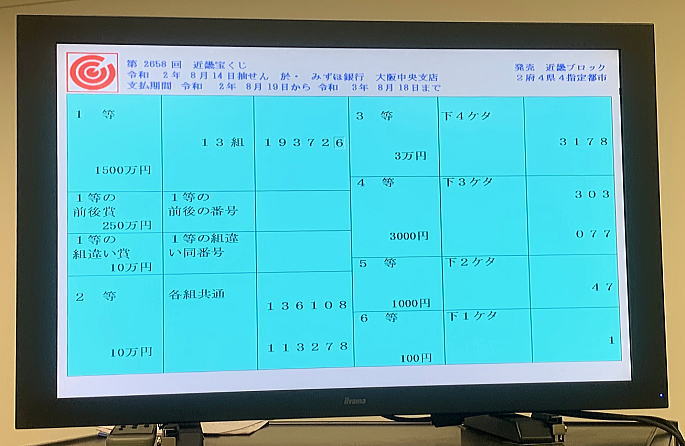 近畿宝くじ当選番号 第2658回 年8月14日 金 抽選