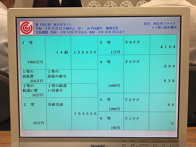 西日本宝くじ当選番号 第2385回 21年10月22日 金 結果