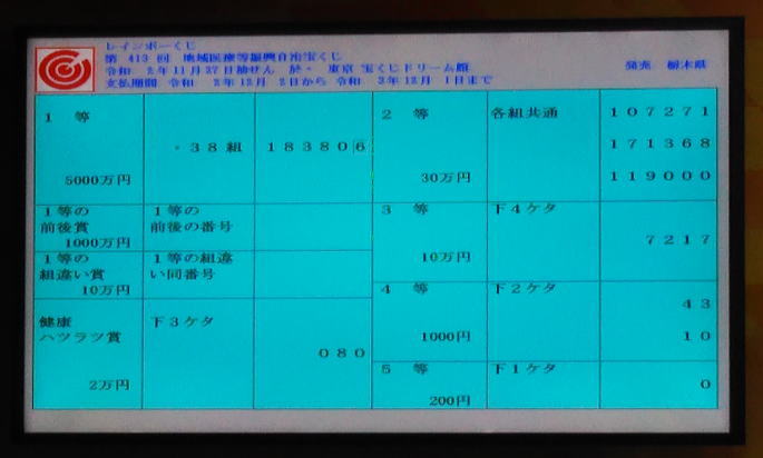 レインボーくじ当選番号 第413回 2020年11月27日(金)結果